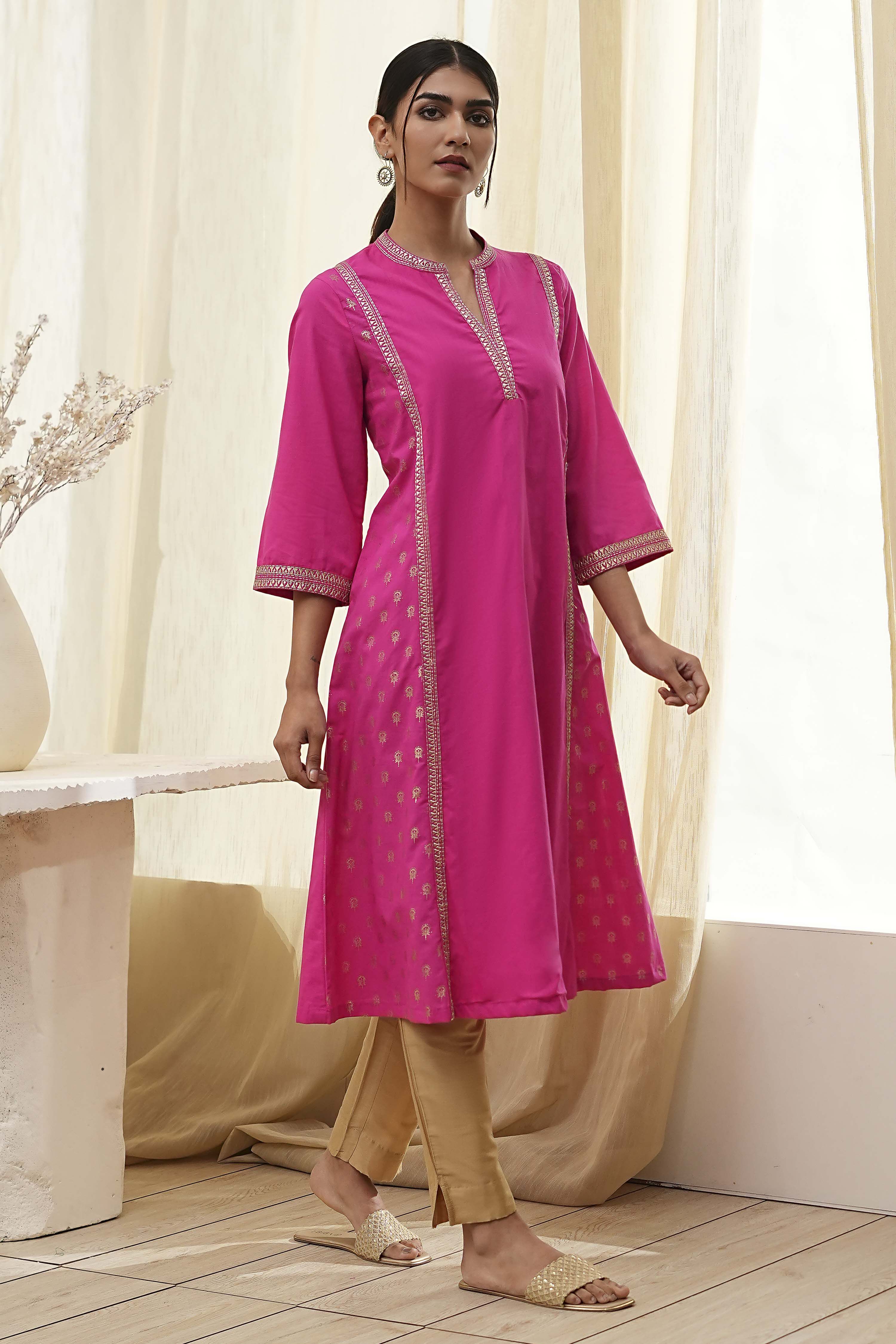 Fuchsia Cotton Printed A-Line Kurta image number 4