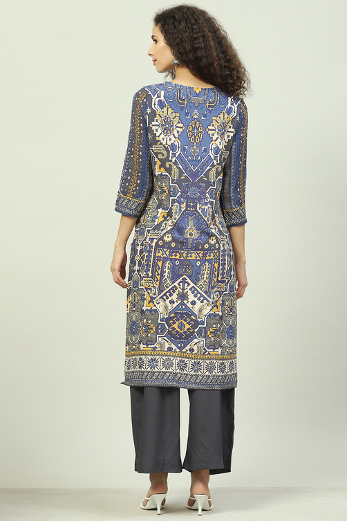 Blue LIVA Straight Kurta Palazzo Suit Set image number 4