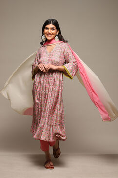 Pink Viscose Gathered Kurta Pants Suit Set image number 0