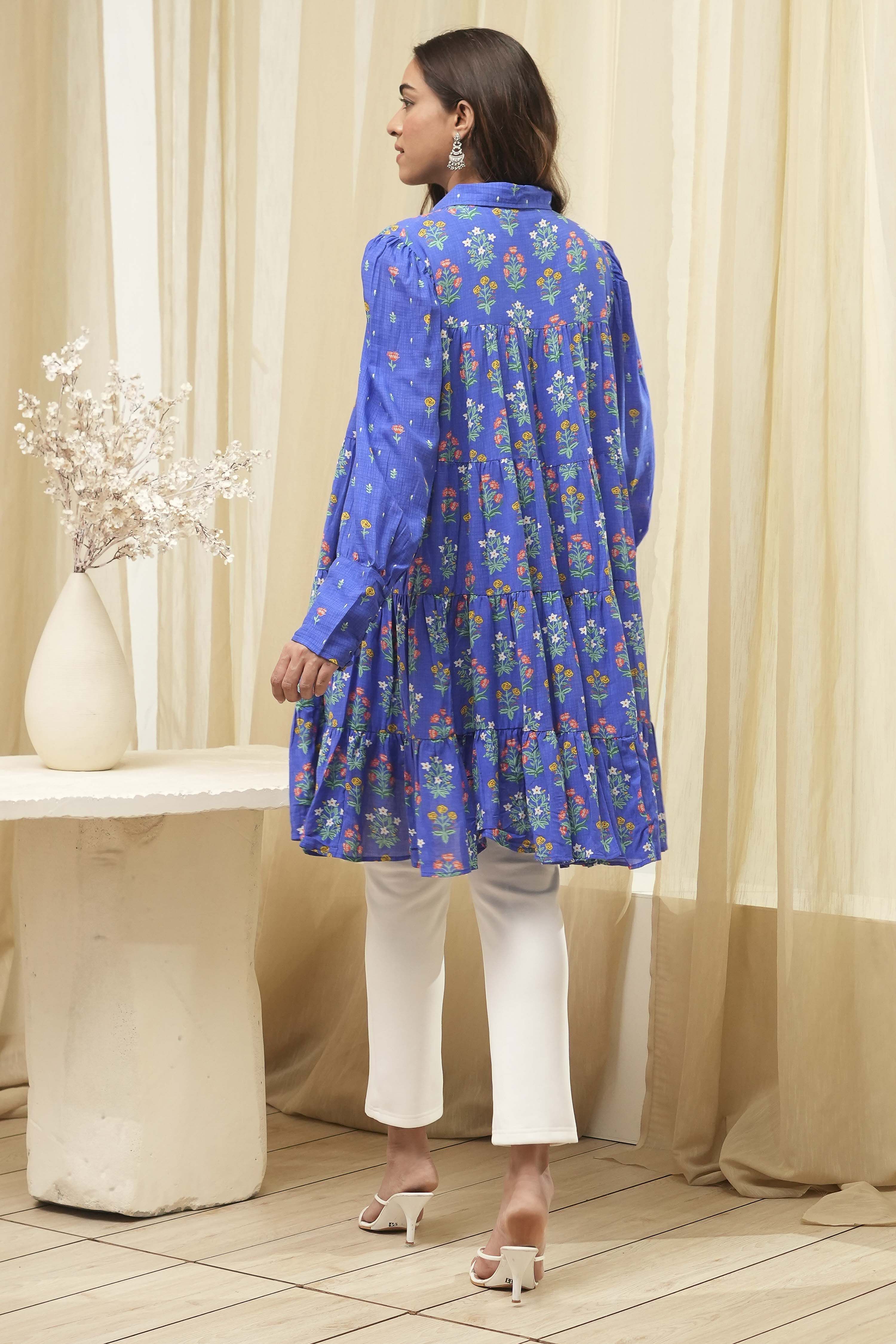 Blue Cotton Printed Shirt-Style Tiered Kurta image number 3