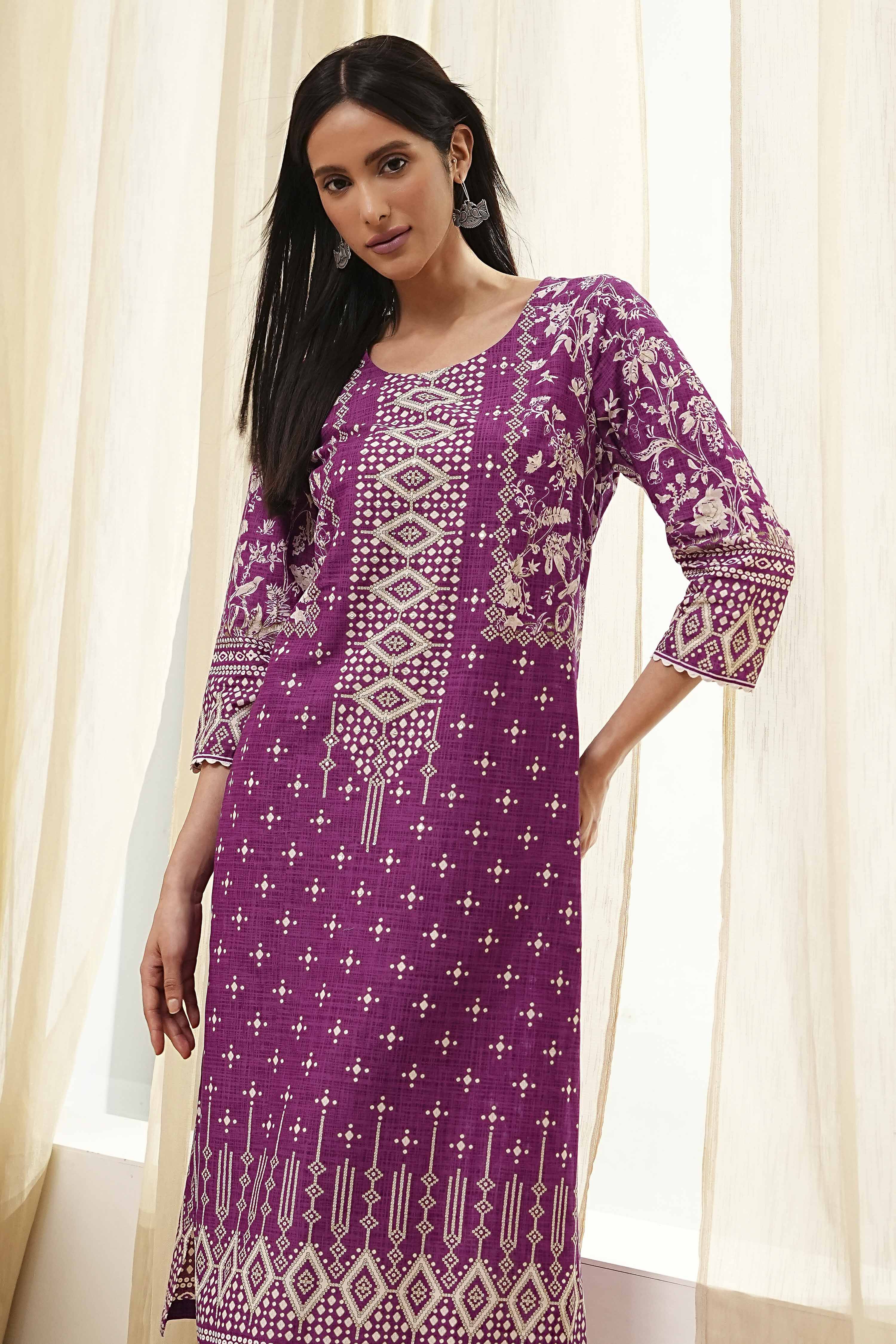 Purple Cotton Printed Straight Kurta image number 5