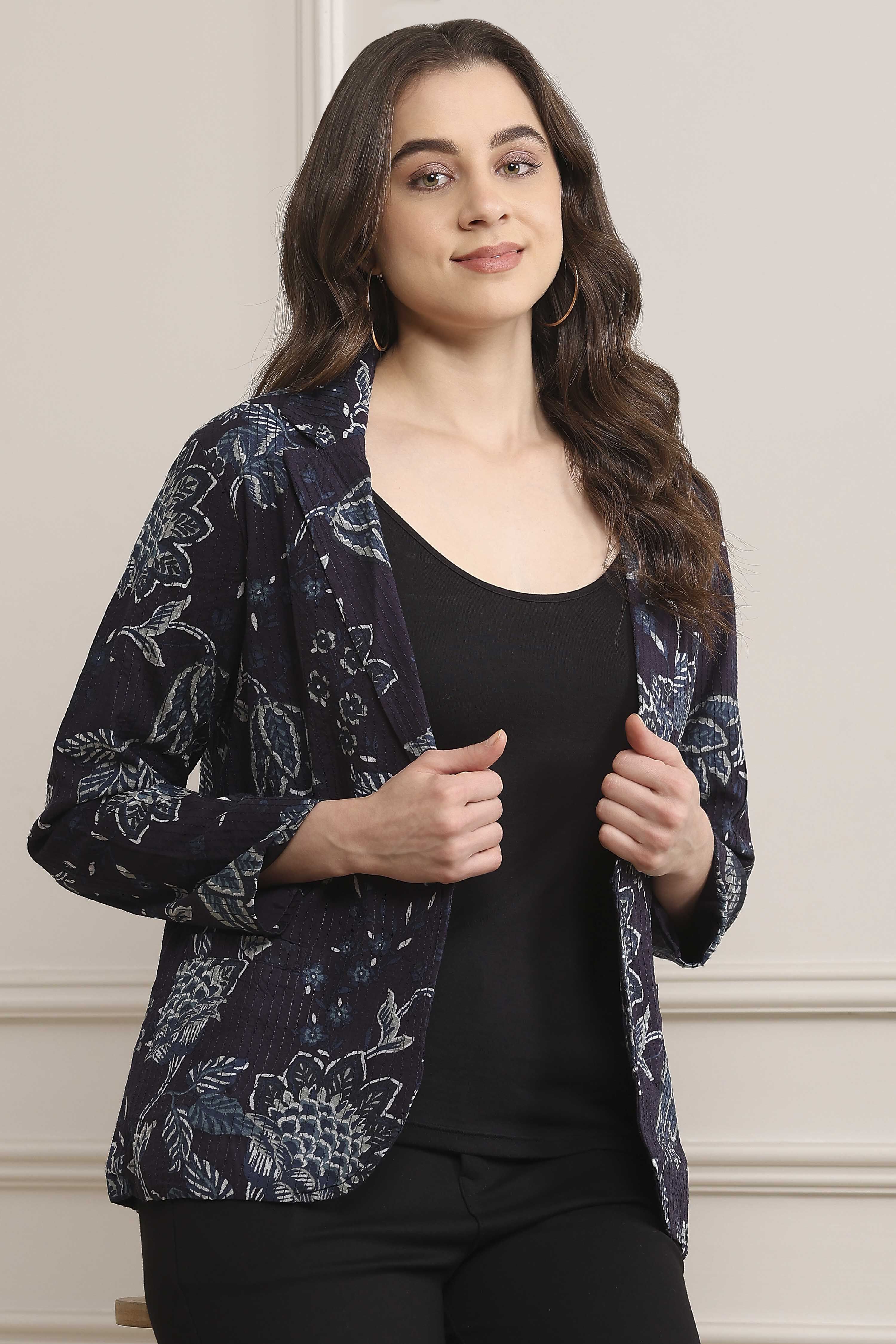Navy Rayon Straight Printed Jacket image number 0
