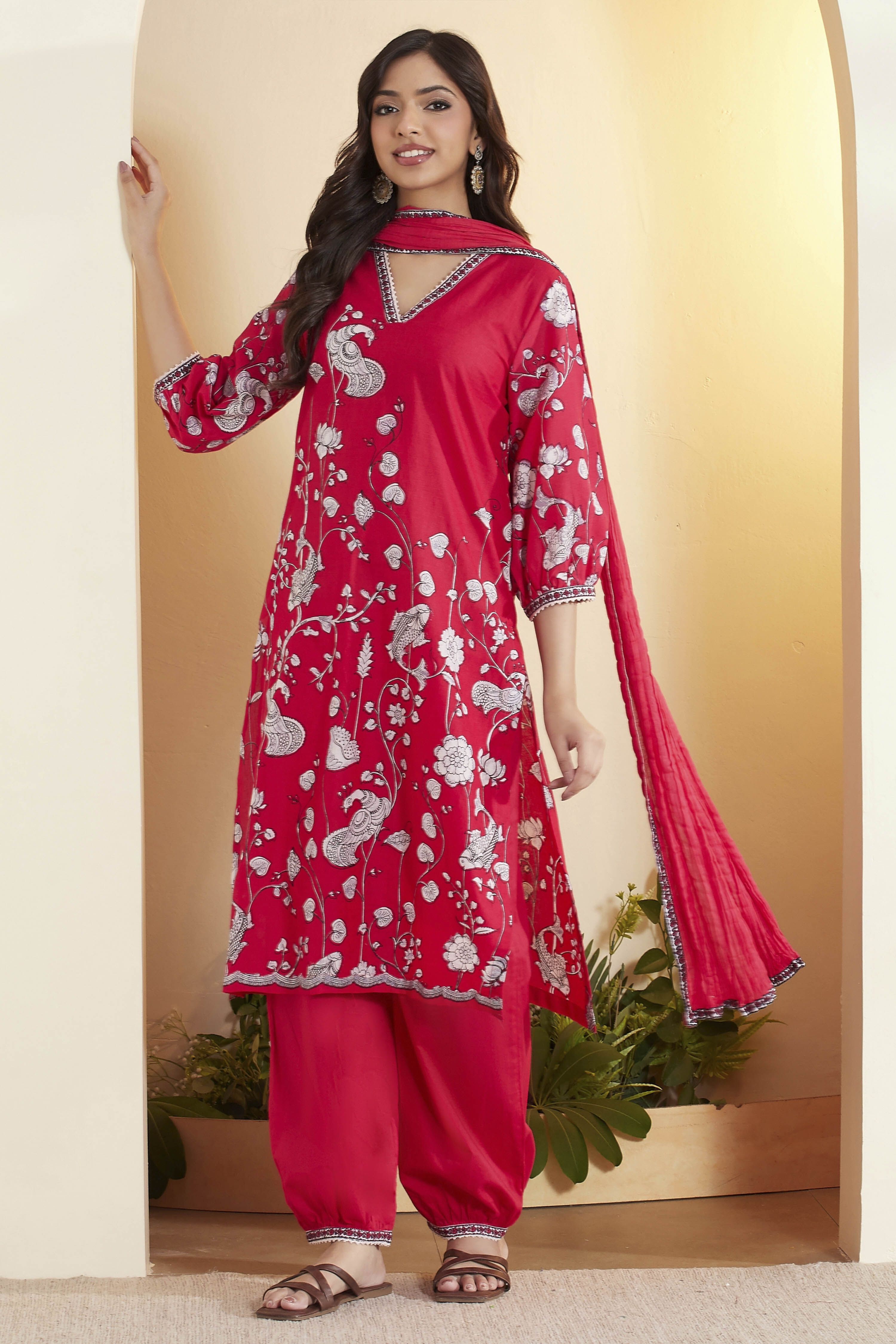 Fuchsia Cotton Floral Printed Straight Kurta Set image number 0
