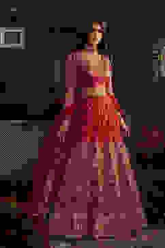 Berry Red Zari Embroidered Lehenga Set image number 5