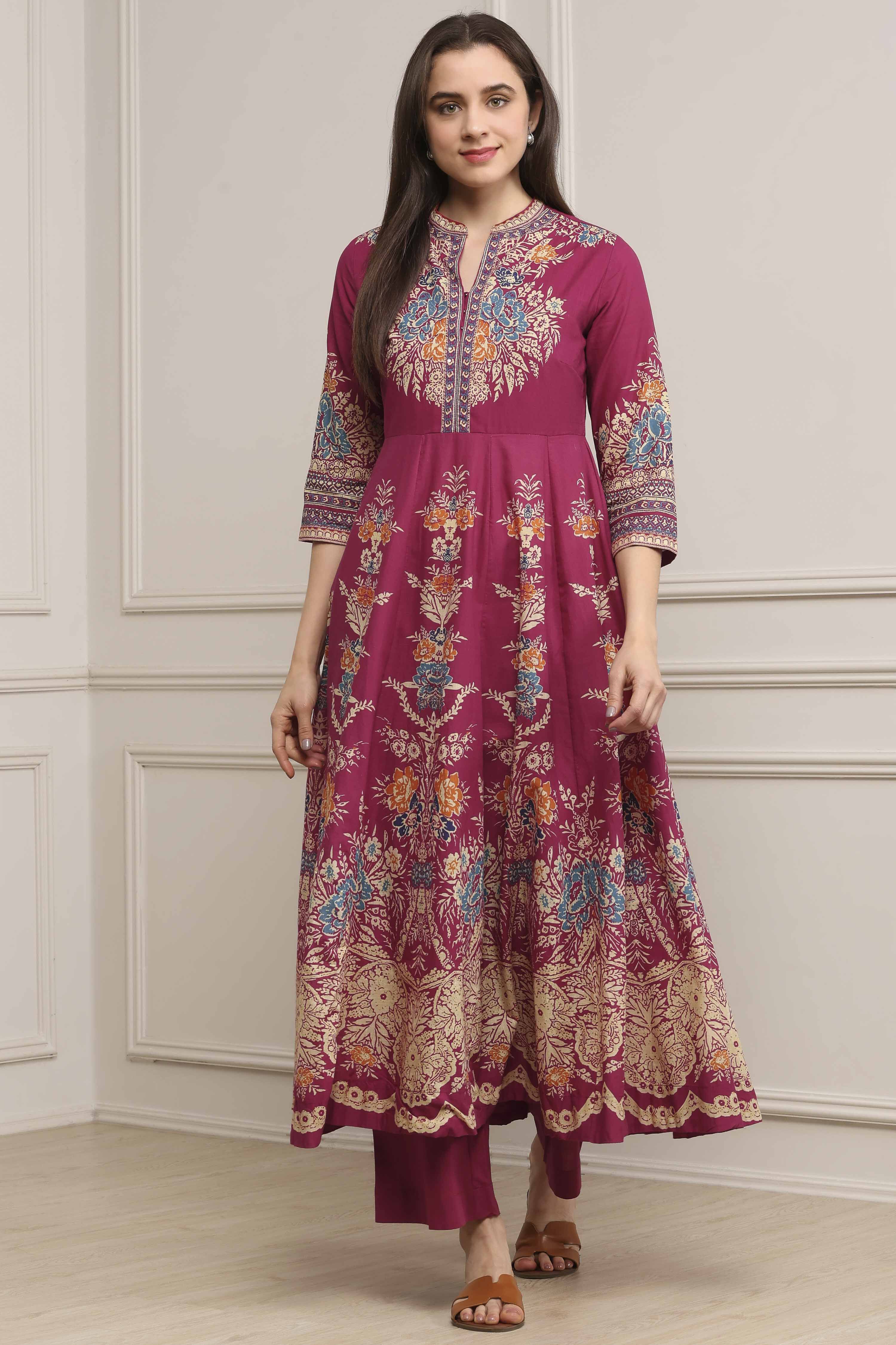 Charcoal Cotton Kalidar Printed Kurta Pants Set image number 0