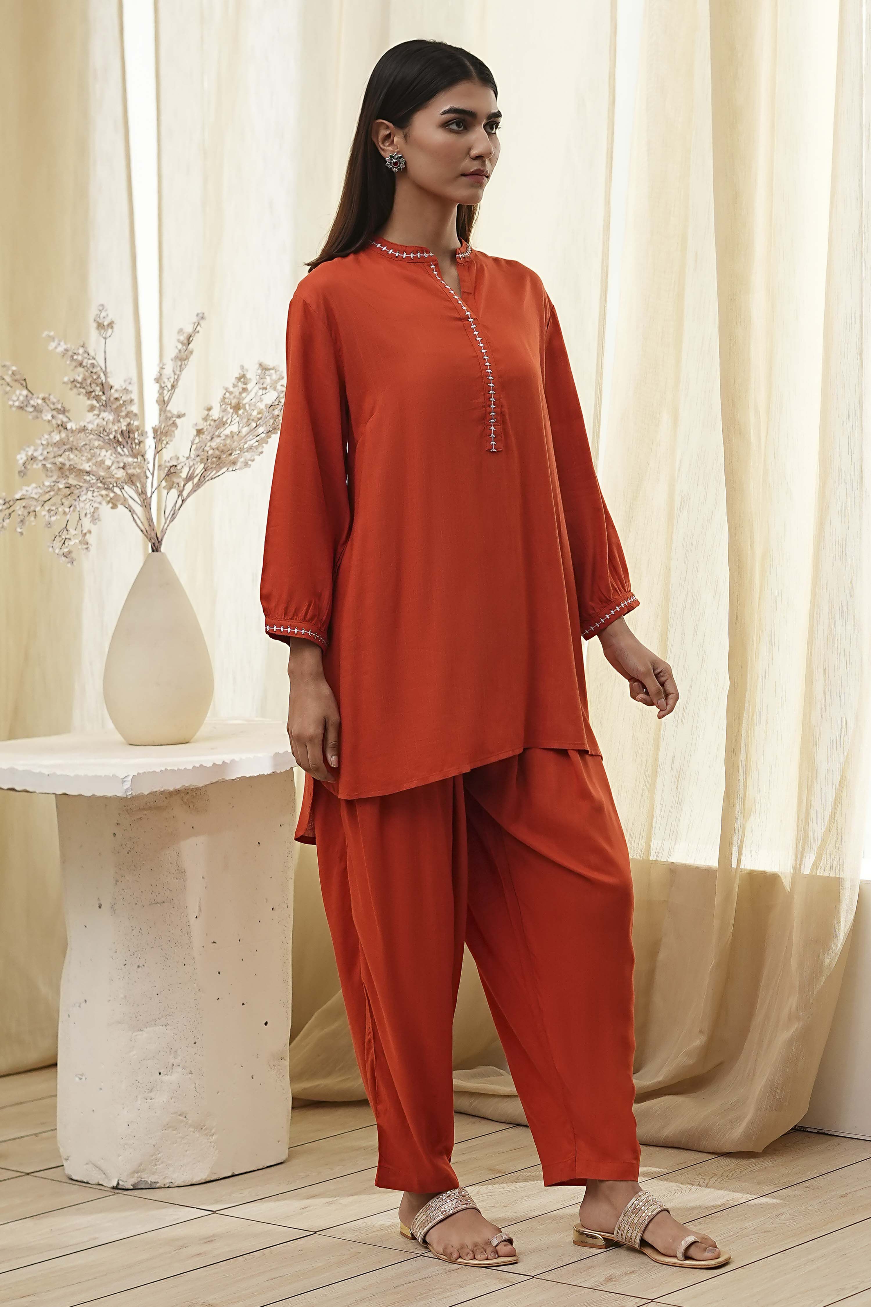 Burnt Orange Straight Solid Co-ord Set image number 5