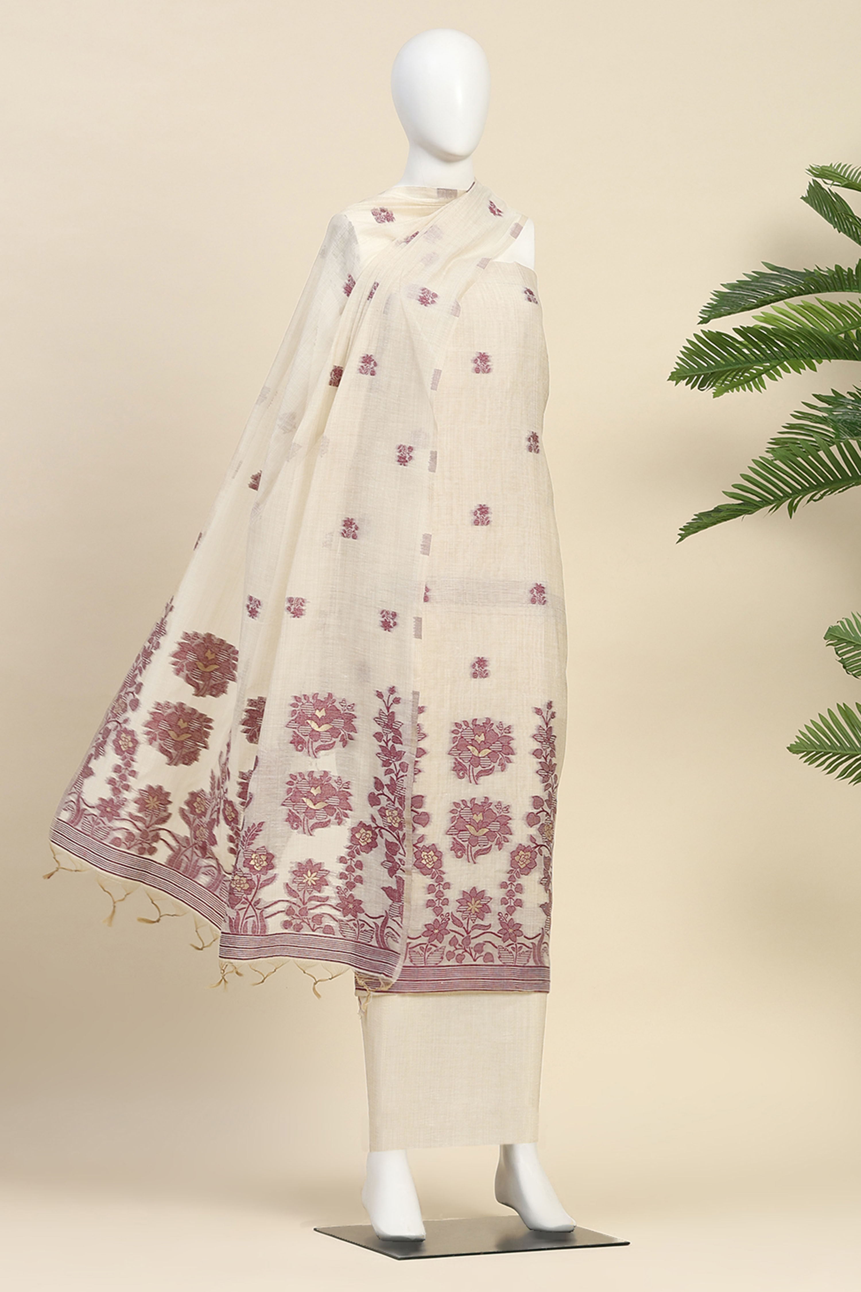 Wine Chanderi Printed Unstitched Suit Set image number 4