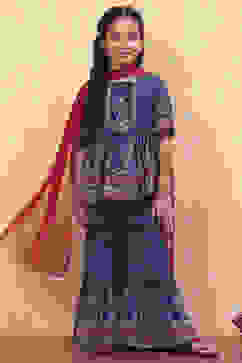 Blue Floral Georgette Gathered Flared Festive Suit Set image number 6