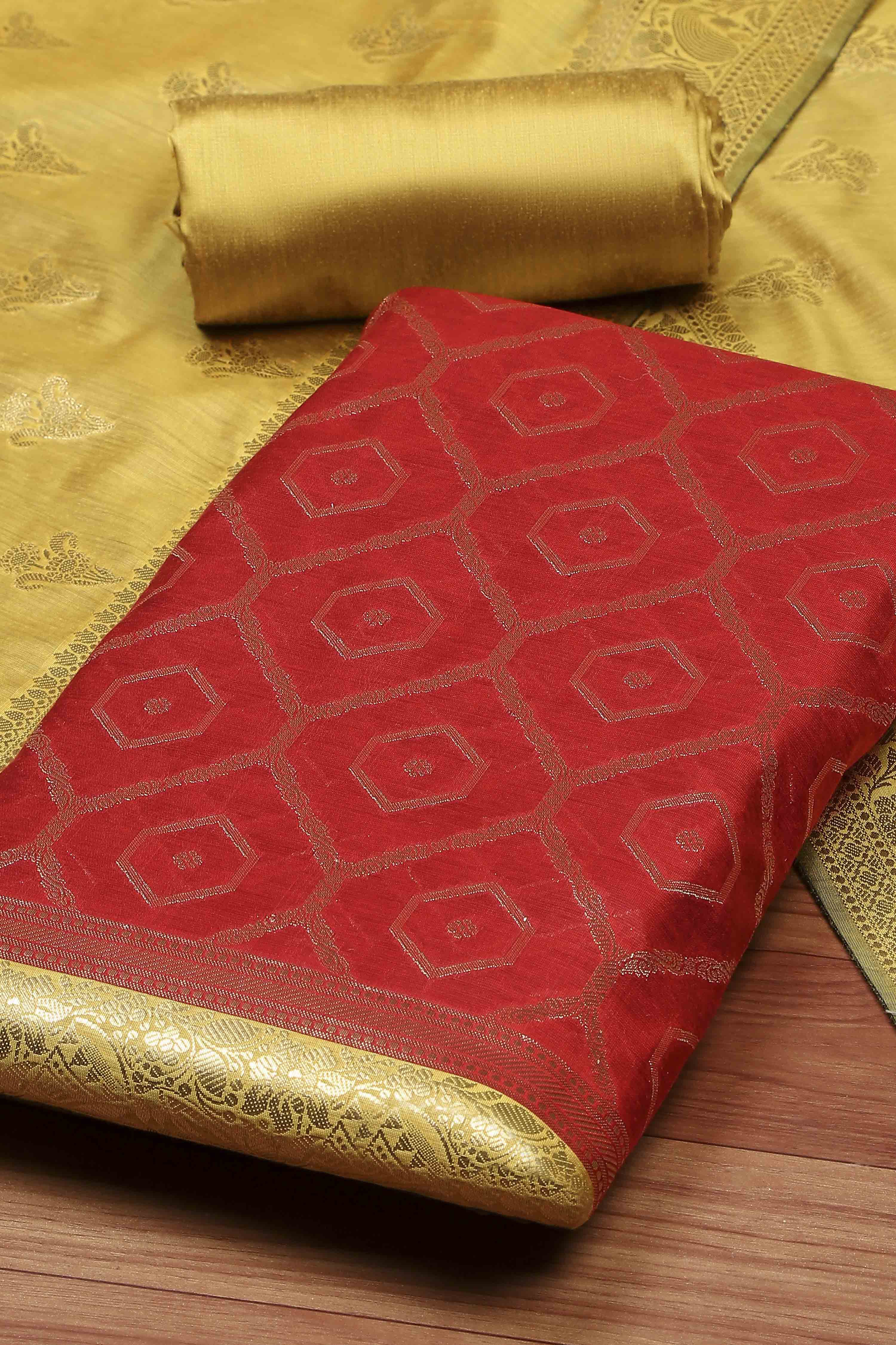 Red Chanderi  Unstitched Suit Set image number 1