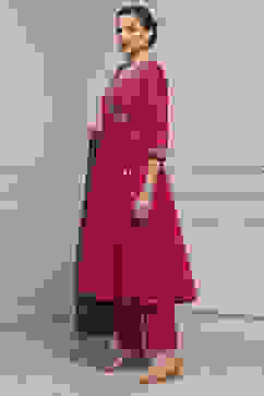 Fuchsia Embroidered Angrakha Festive Anarkali Suit Set image number 3