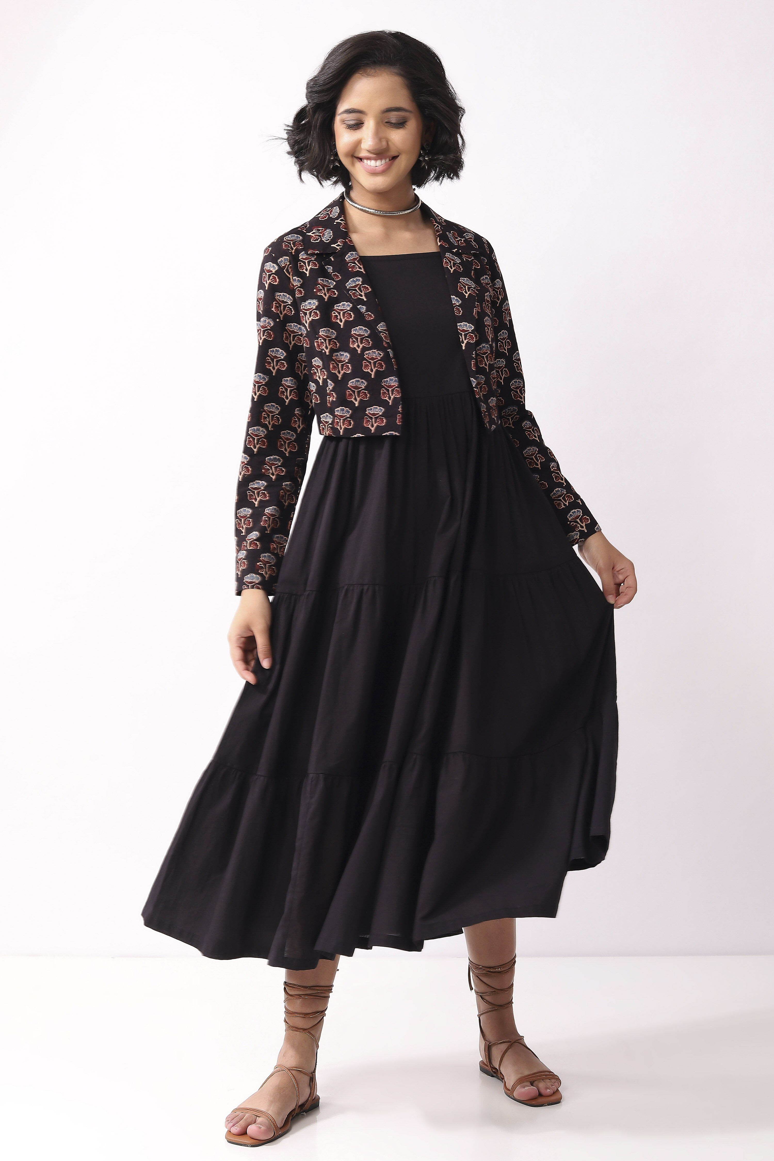 Black Cotton Midi Dress With Floral Crop Jacket image number 0