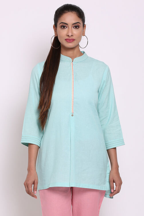 Sky Blue Cotton Flax Straight Kurta image number 0