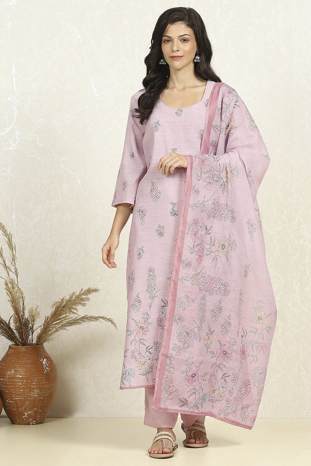 Peach Linen Unstitched Suit Set image number 7