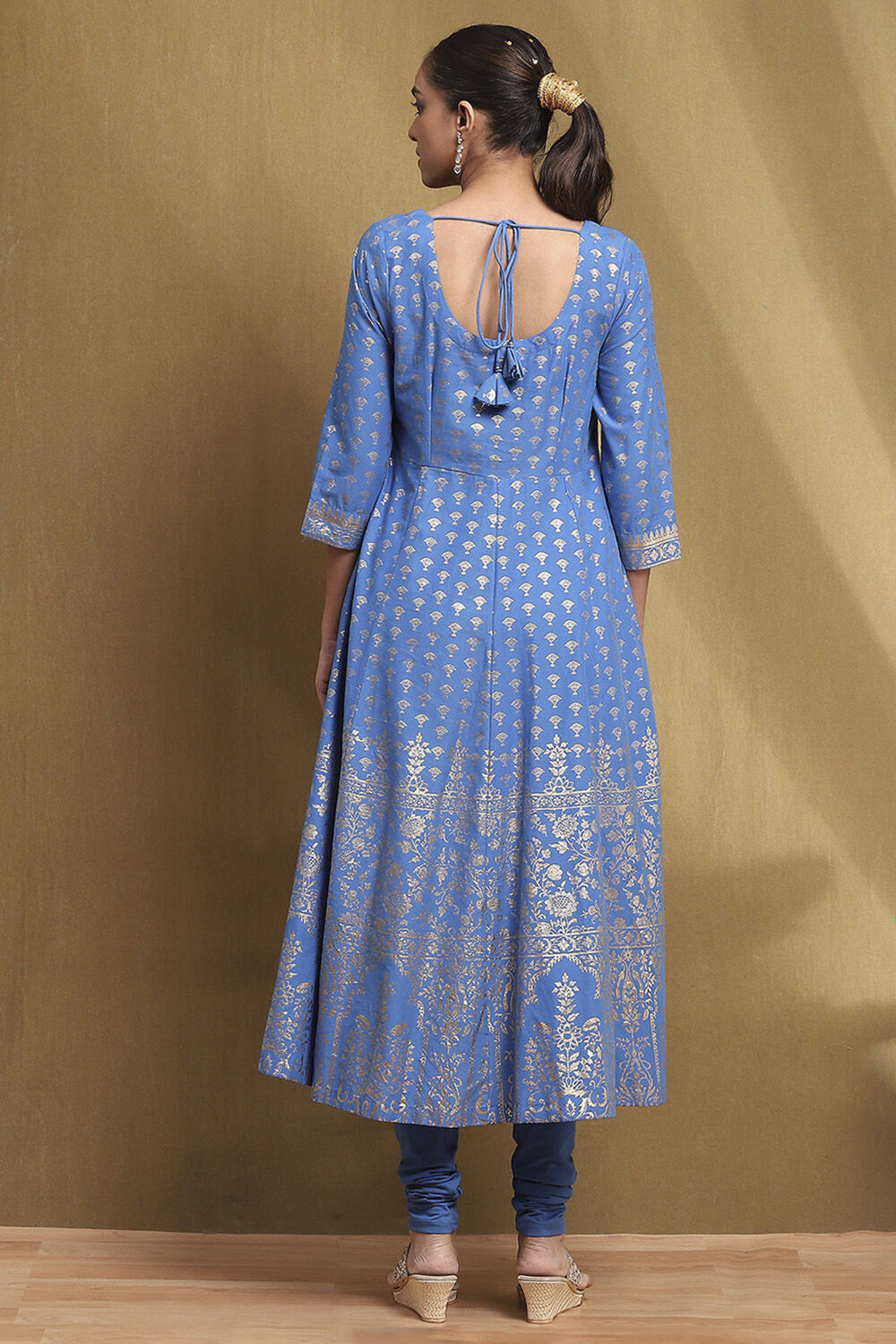 Electric Blue Cotton Printed Anarkali Suit Set image number 4