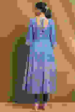 Electric Blue Cotton Printed Anarkali Suit Set image number 4