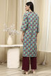 Teal Cotton Printed Straight Kurta image number 3