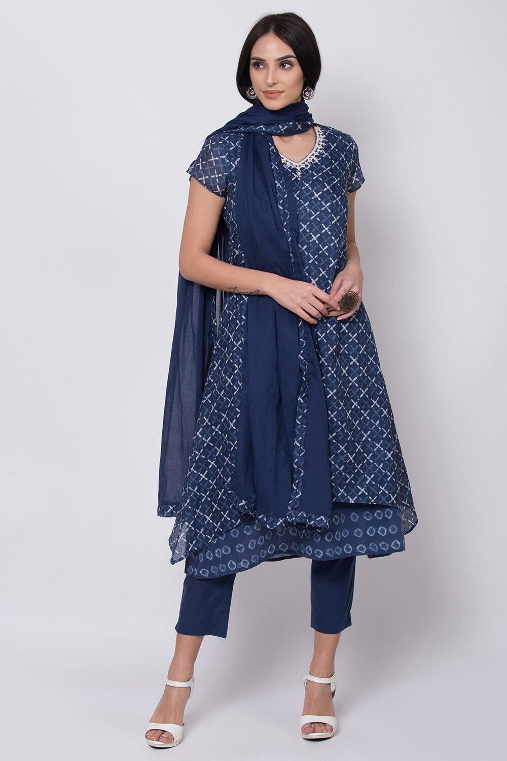 Blue Straight Kurta Slim Pants Suit Set image number 0