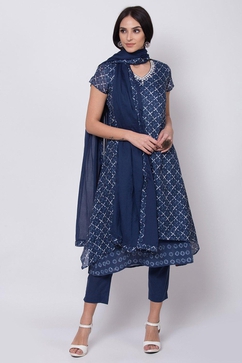 Blue Straight Kurta Slim Pants Suit Set image number 0