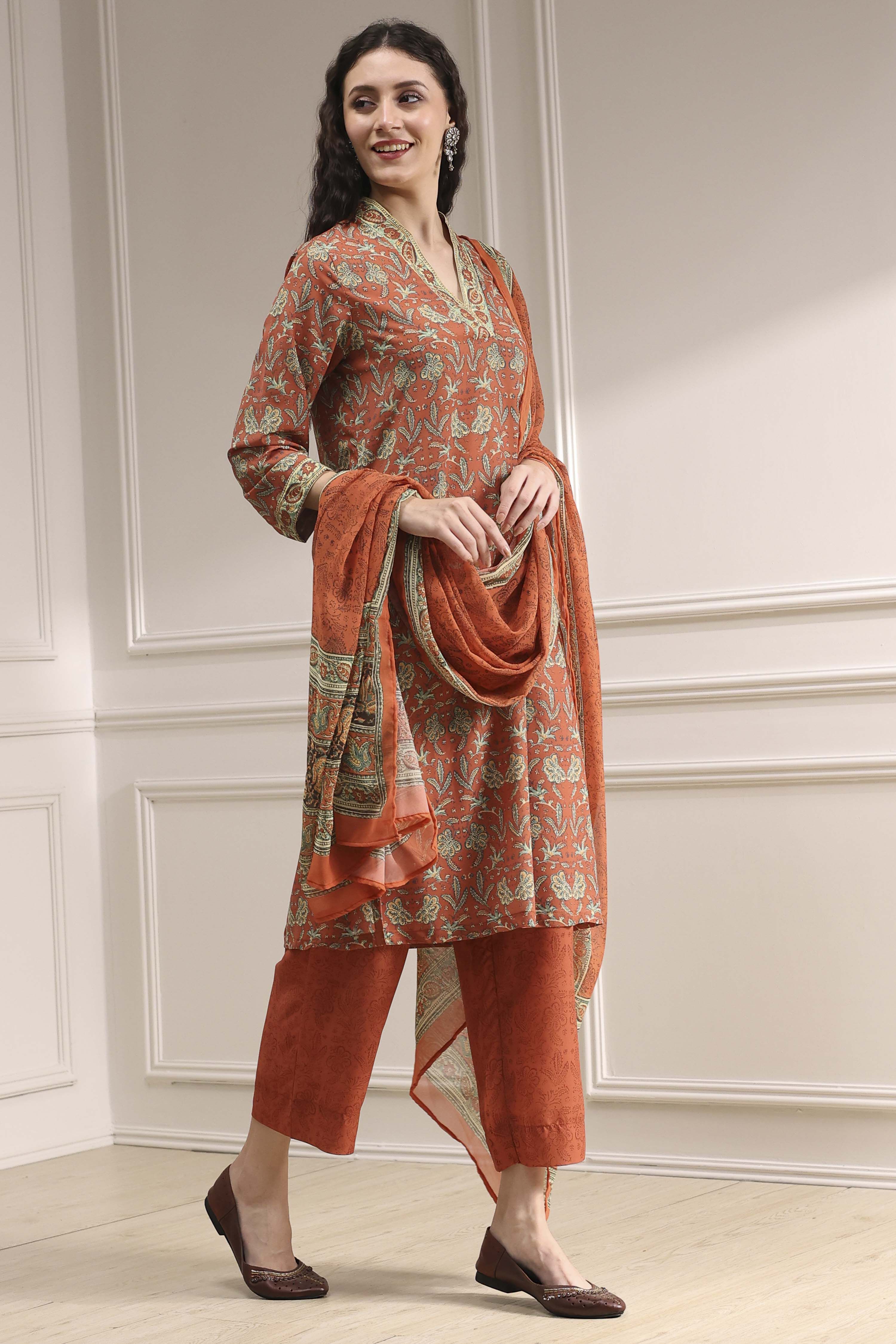 Rust Printed Straight Suit Set image number 5