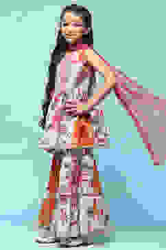 Off White Peplum Kurta With Sharara & Net Dupatta. image number 4