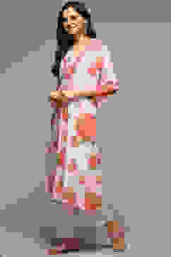 White & Pink Cotton Gathered Kurta Pants Suit Set image number 4