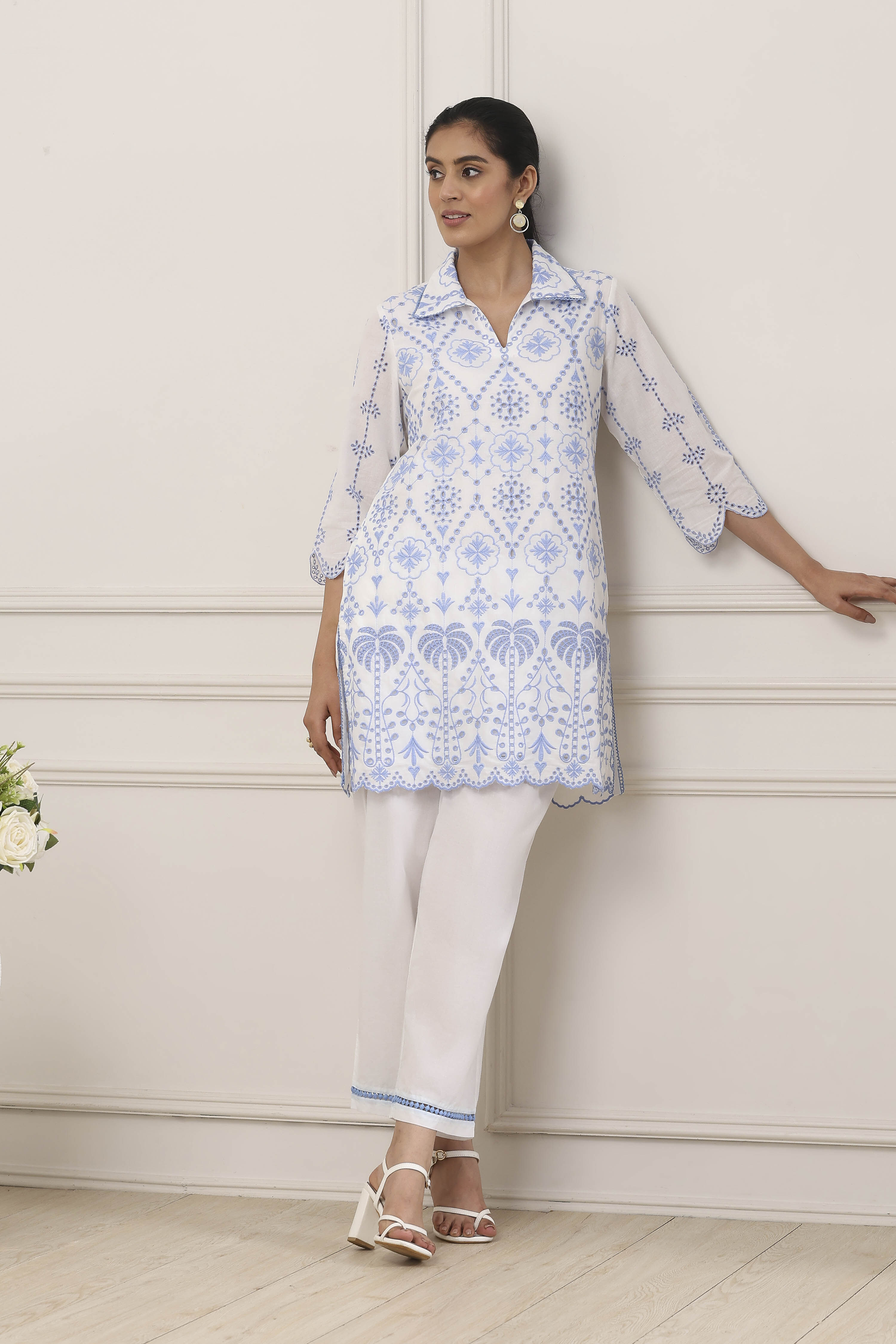White Cotton Schiffli Embroidered Straight Suit Set image number 0