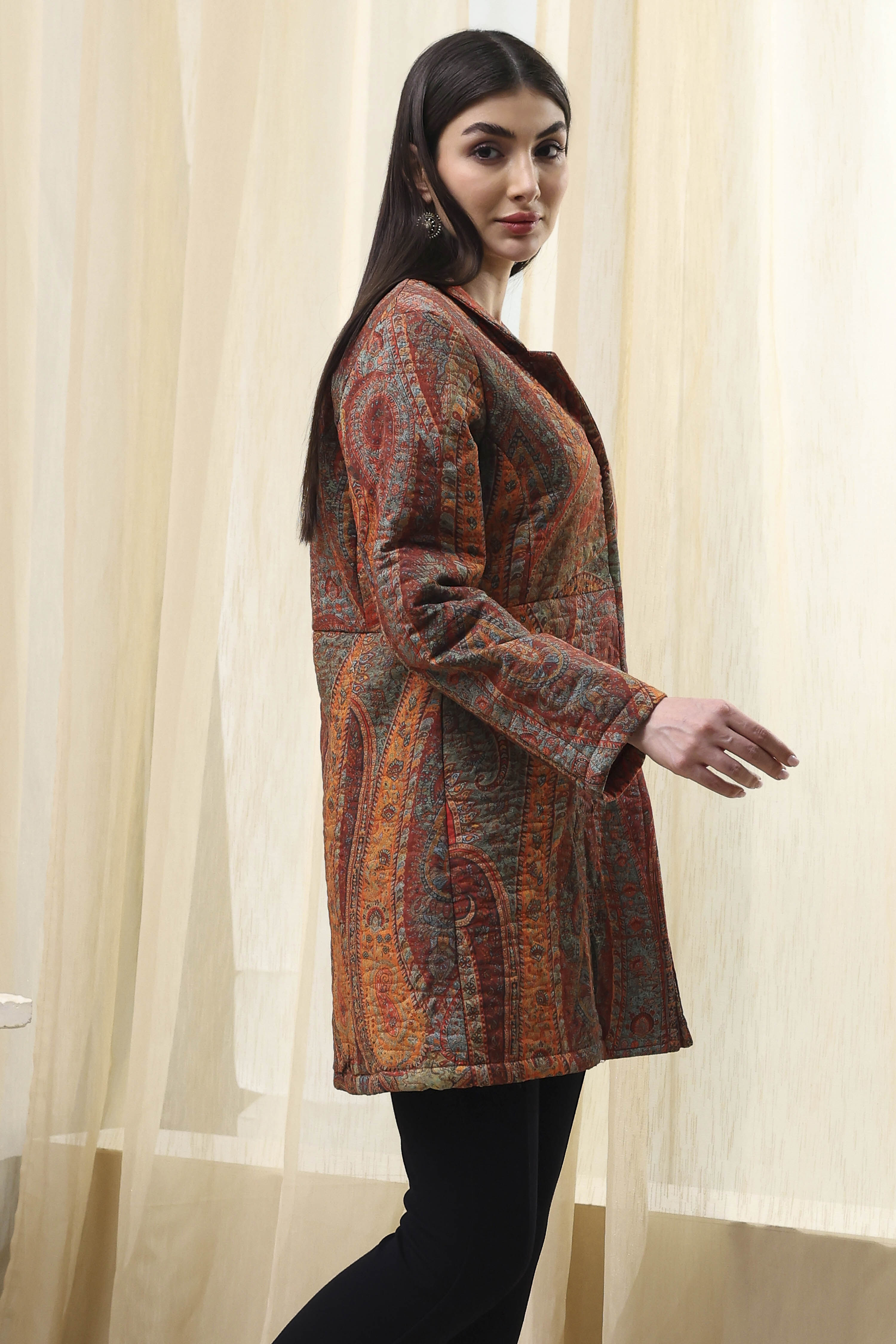 Burnt Orange Rayon Straight Printed Jacket image number 4