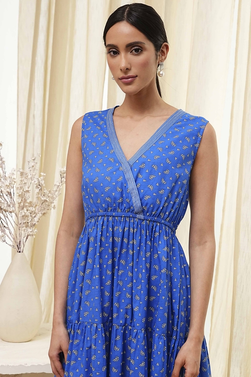 Blue Cotton Printed Tiered Dress image number 1