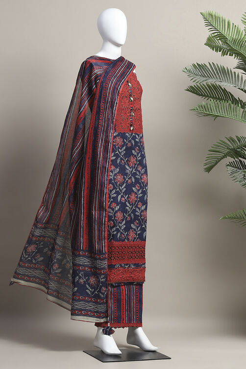 Navy Blue Cotton Unstitched Suit Set image number 4