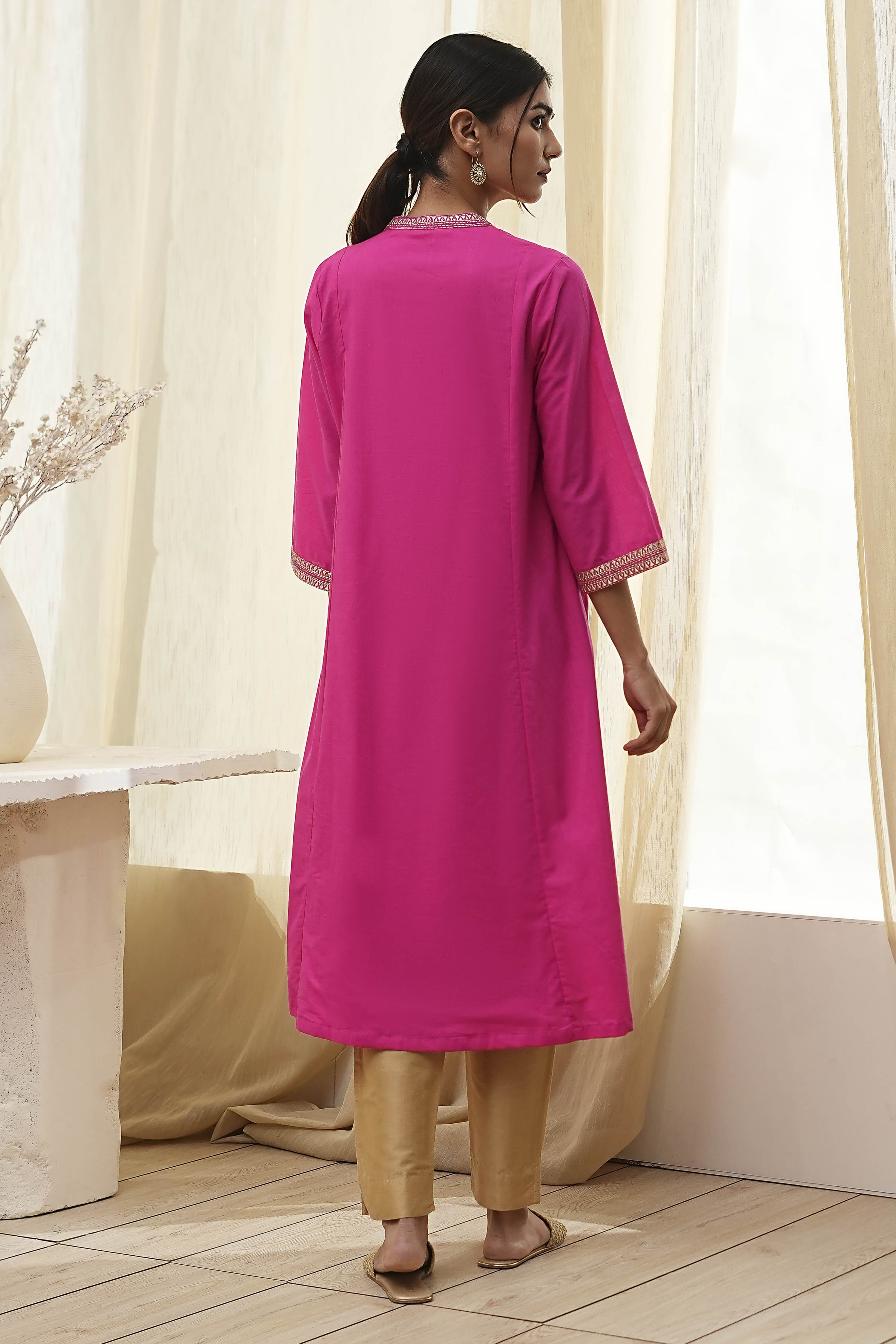Fuchsia Cotton Printed A-Line Kurta image number 3