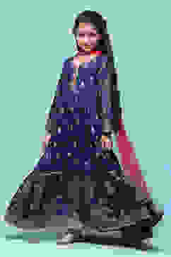 Navy Blue Viscose Tiered Kurta Printed Suit Set image number 0