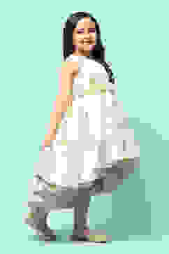 Beige Polyester Gathered Printed Dress image number 4