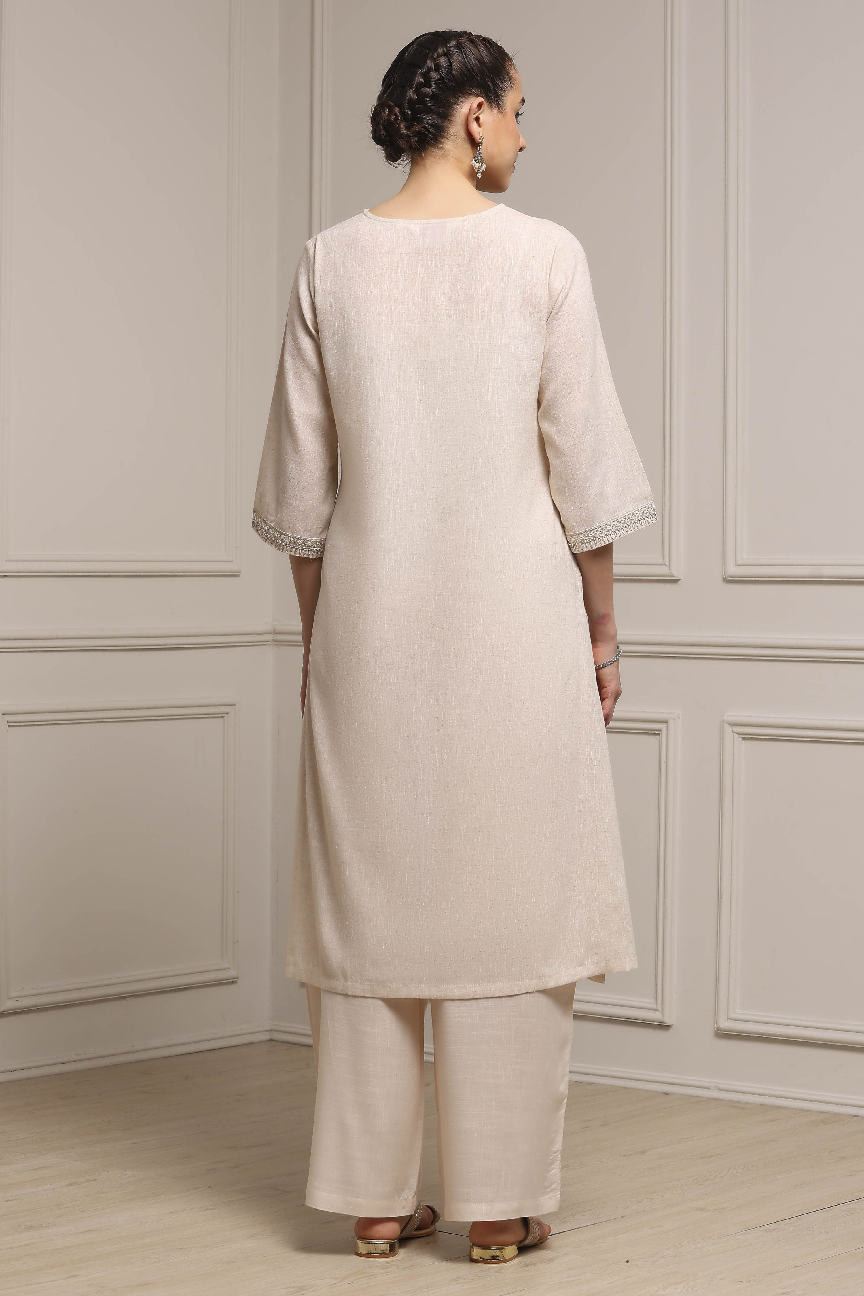 Beige Cotton Linen Yarn-Dyed Embroidered Straight Suit Set image number 4
