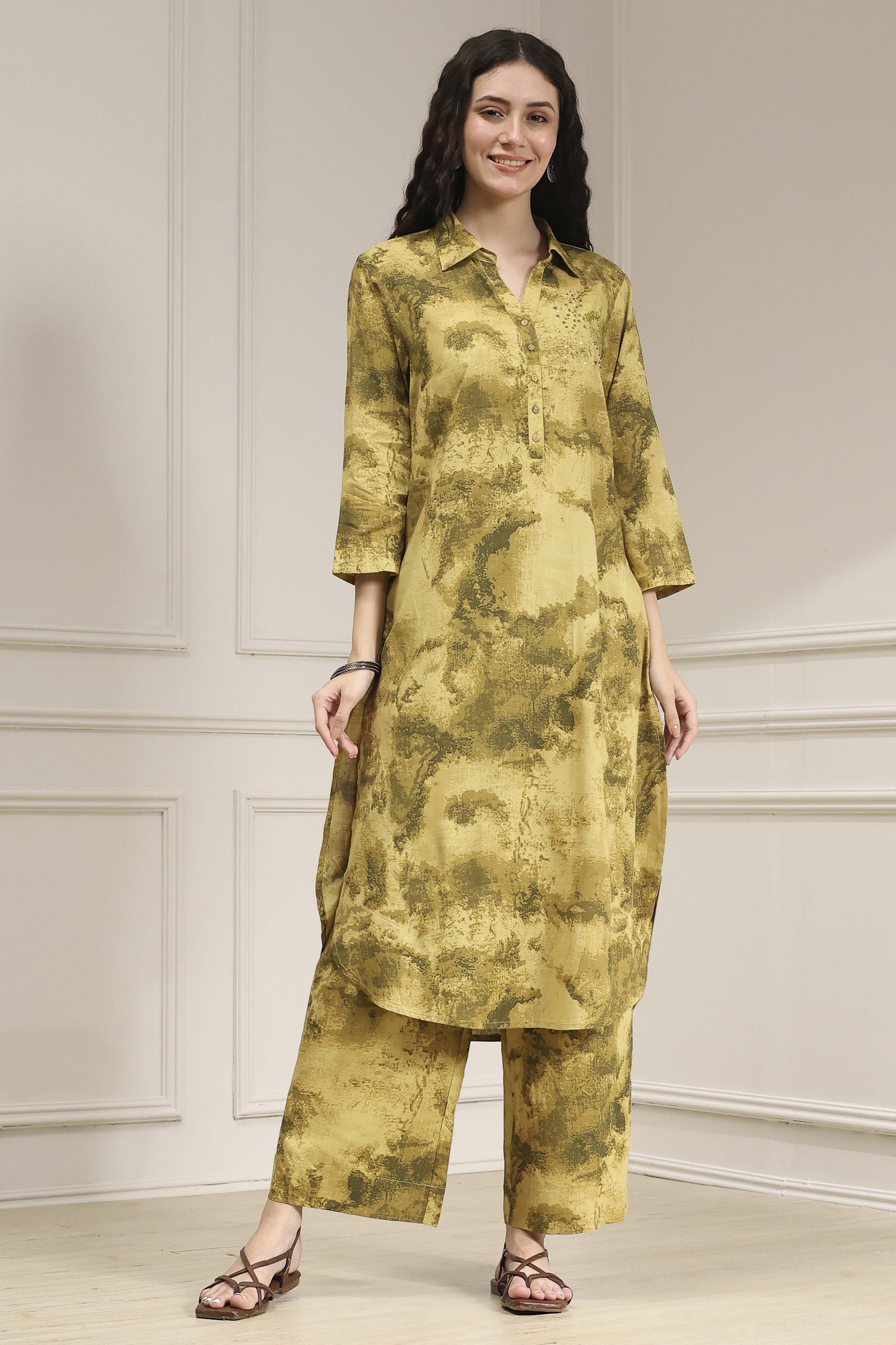 Green Printed Kurta Pants Co-ord Set image number 6