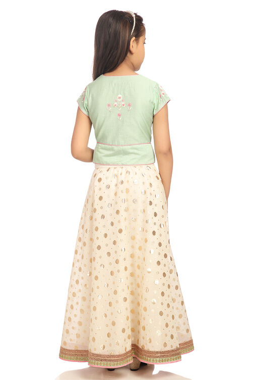 Green And Off White Poly Cotton Lehenga Set image number 4