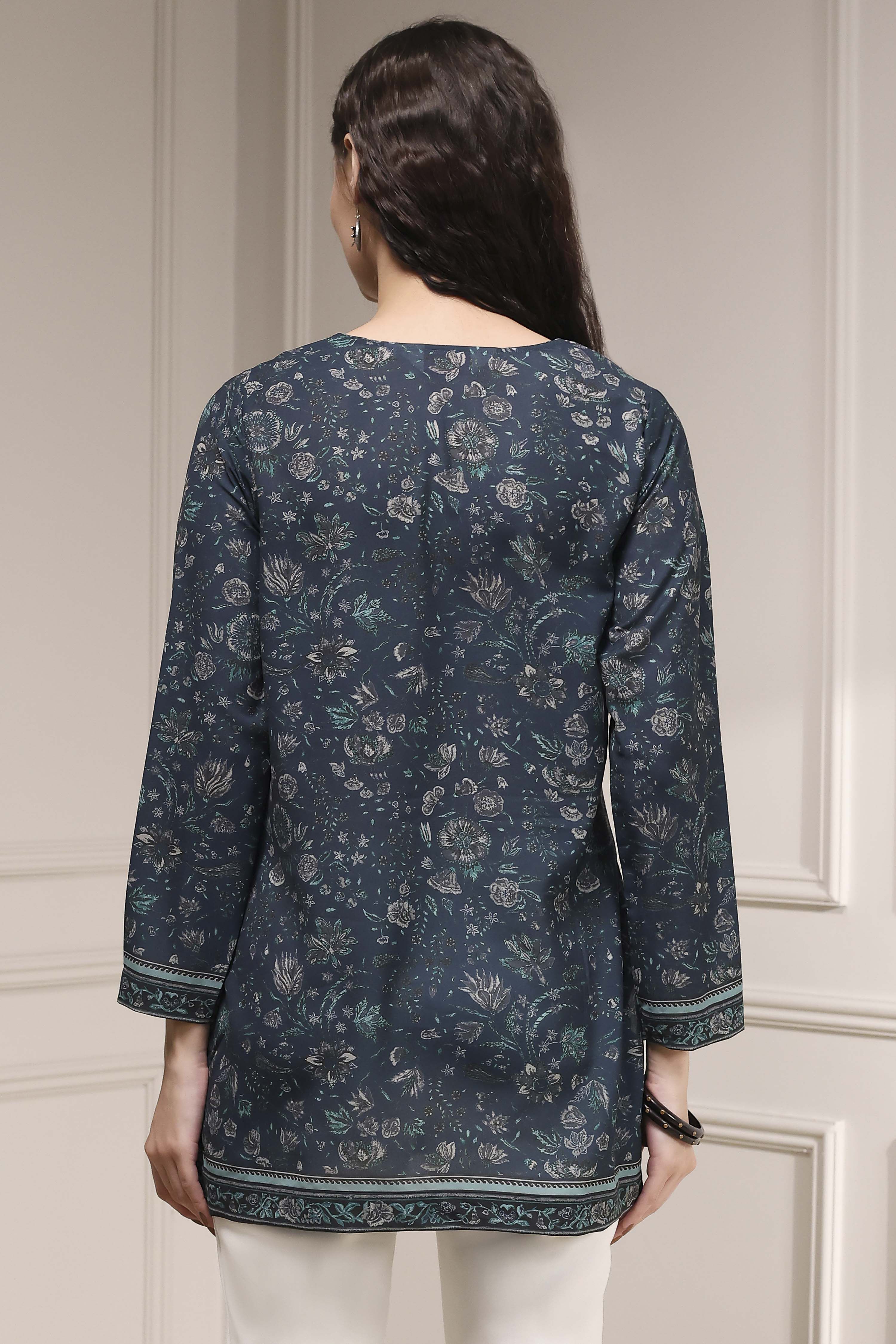 Indigo Polyester Straight Printed Short Kurta image number 3