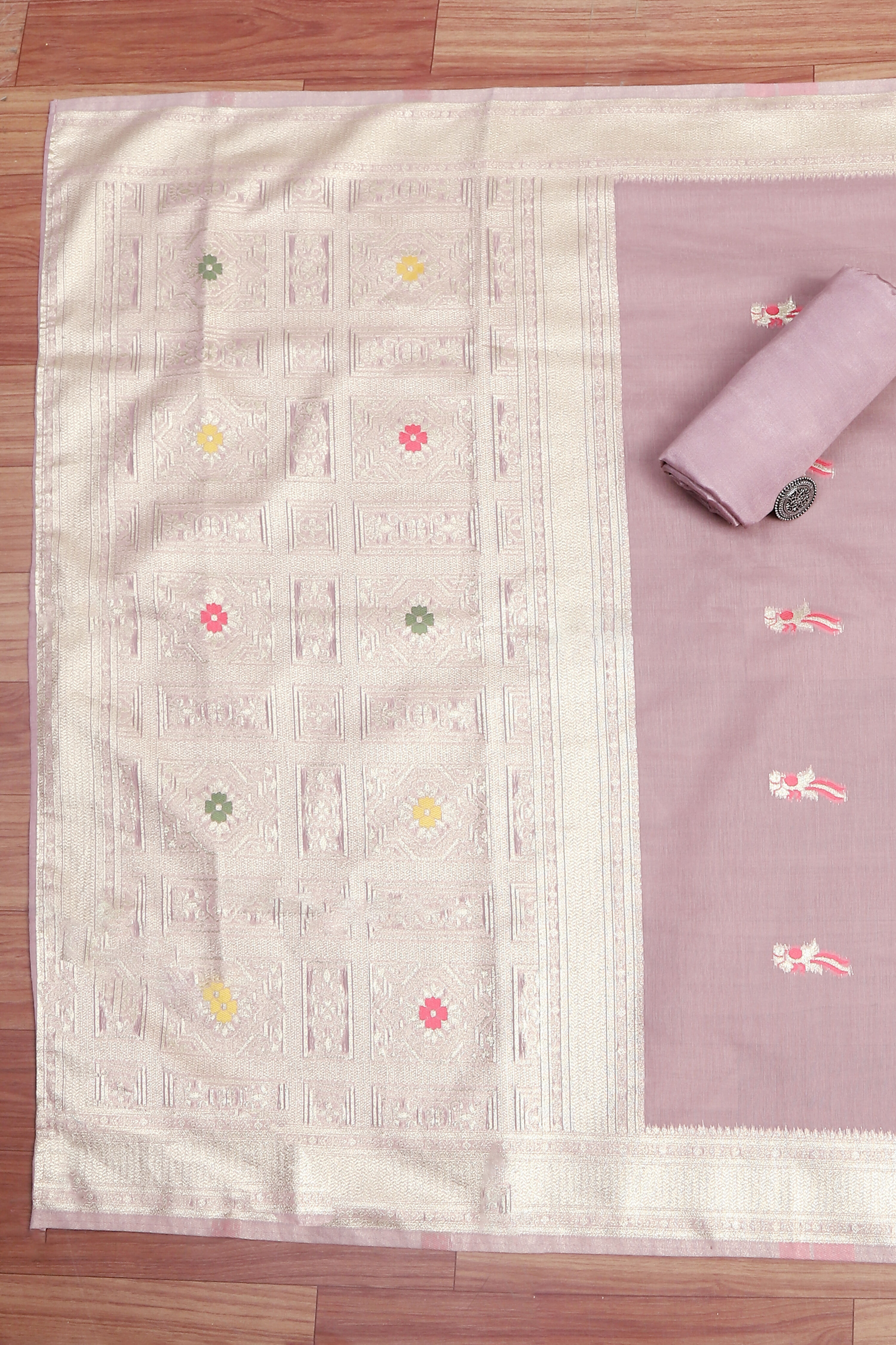 Pink Tissue Chanderi Embroidered Unstitched Suit Set image number 3