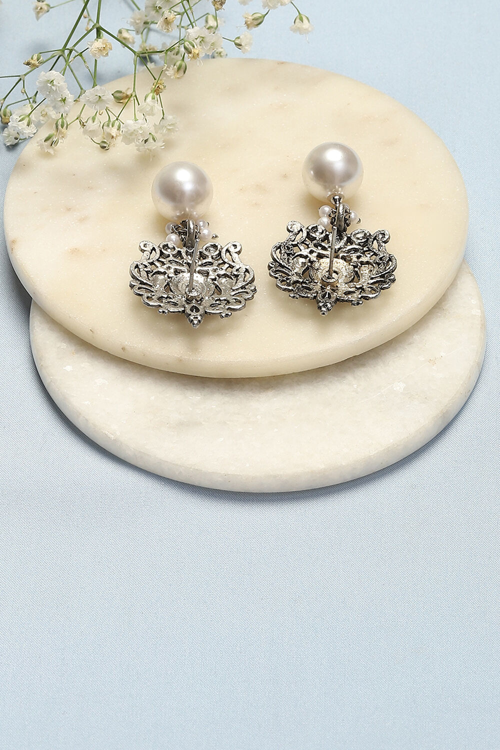 Oxidised Pearl Brass Earrings image number 2
