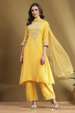 Yellow Embroidered Festive Kalidar Suit Set image number 0
