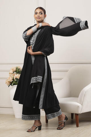 BIBA Black Viscose Rayon Gathered Suit Set in Black