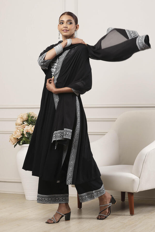BIBA Black Viscose Rayon Gathered Suit Set in Black