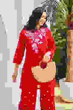 Red Cotton Straight Suit Set image number 0