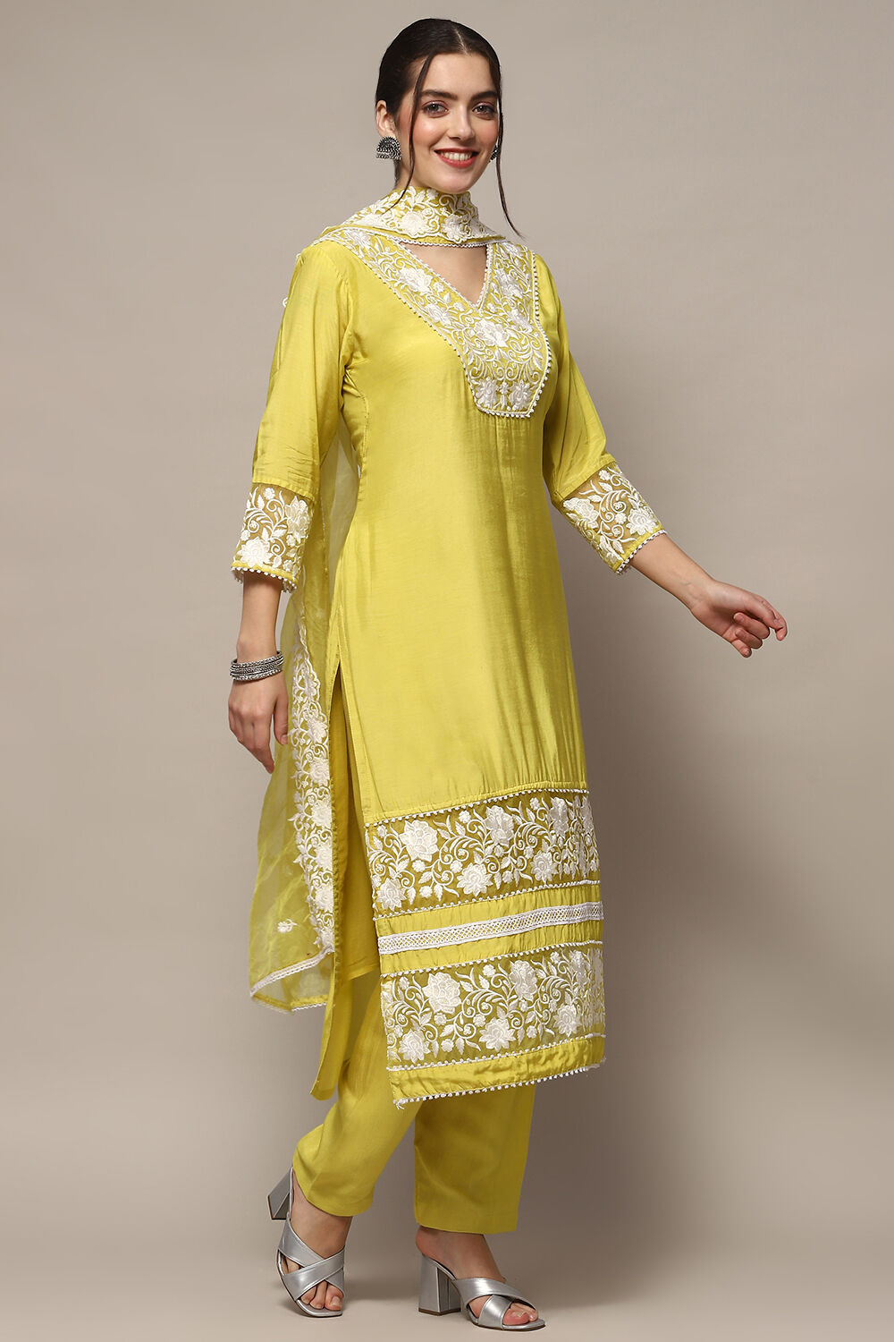 Yellow Muslin Unstitched Suit set image number 7