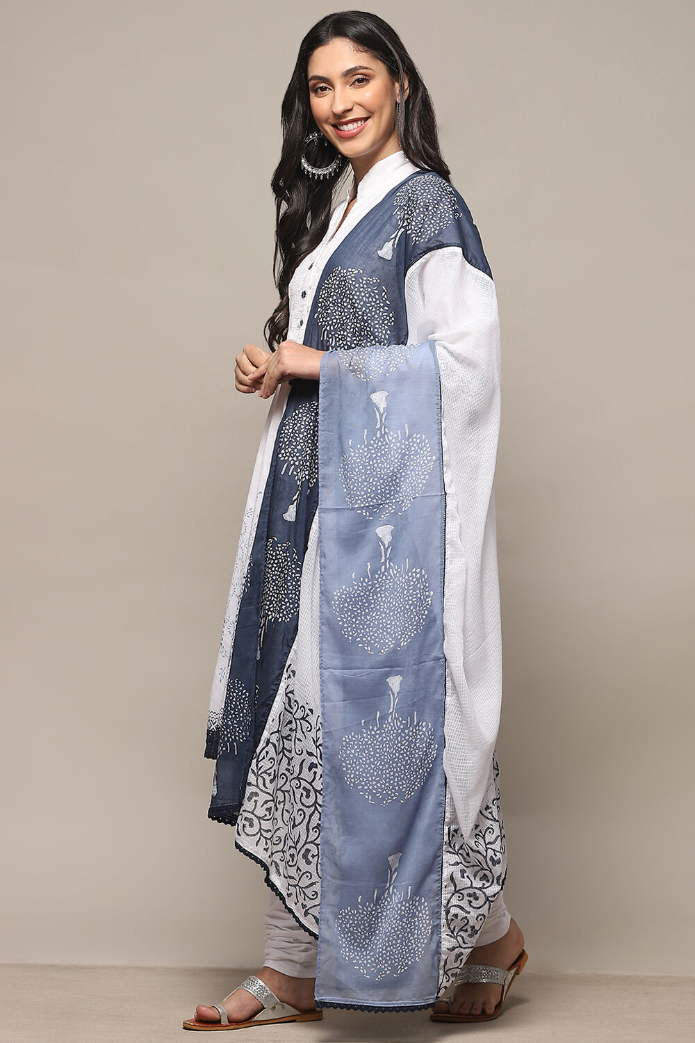 White Blue Cotton Asymmetric Suit Set image number 4