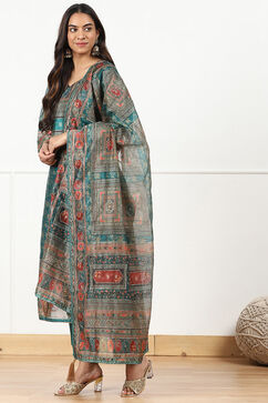 Teal Chanderi Floral Printed Unstitched Suit Set image number 5