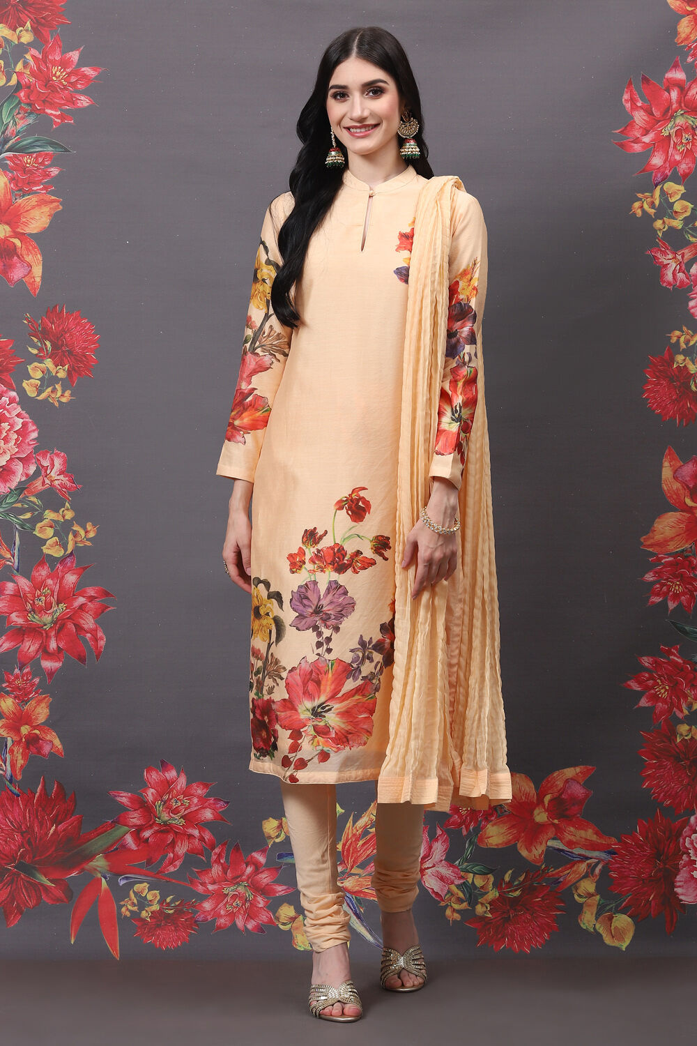 Peach Cotton Silk Straight Printed Suit Set image number 7