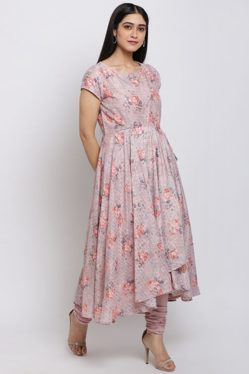 Dusky Rose Poly Metallic Anarkali Kurta Churidar Suit Set image number 2