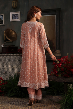 Nude-Peach Organza Embroidered Kalidar Suit Set image number 4
