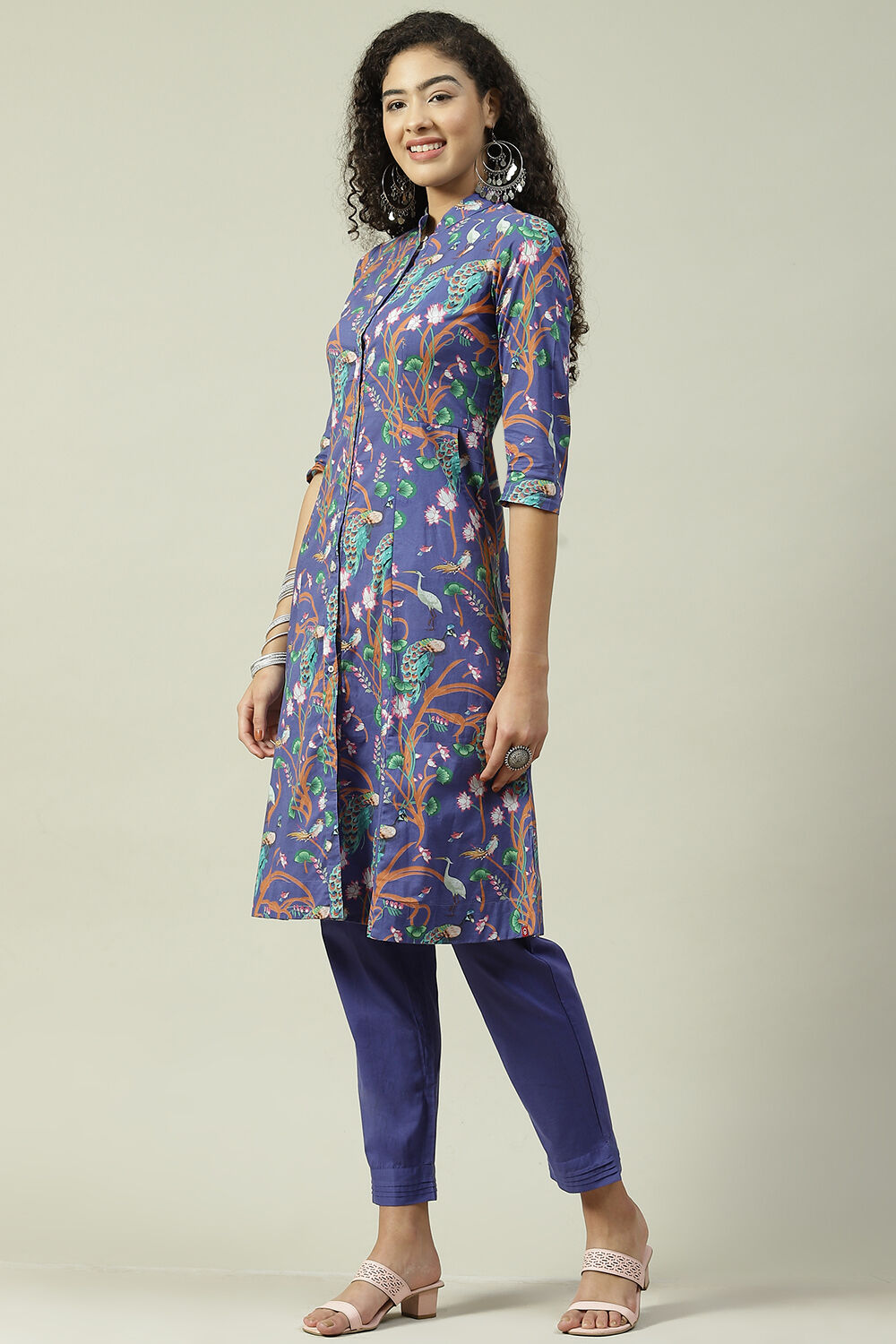 Blue & Purple Printed Cotton Straight Suit Set image number 3