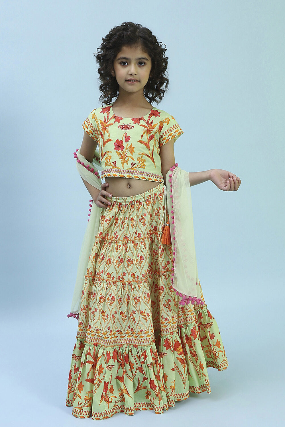 Lime Green Cotton Printed Lehenga Set image number 3